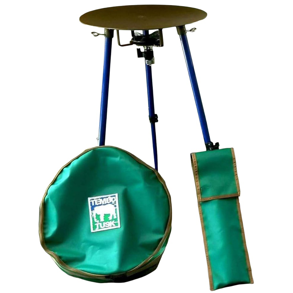 TemboTusk Adjustable Leg Skottle Grill Kit with blue legs, green carry bag and matching leg bag.