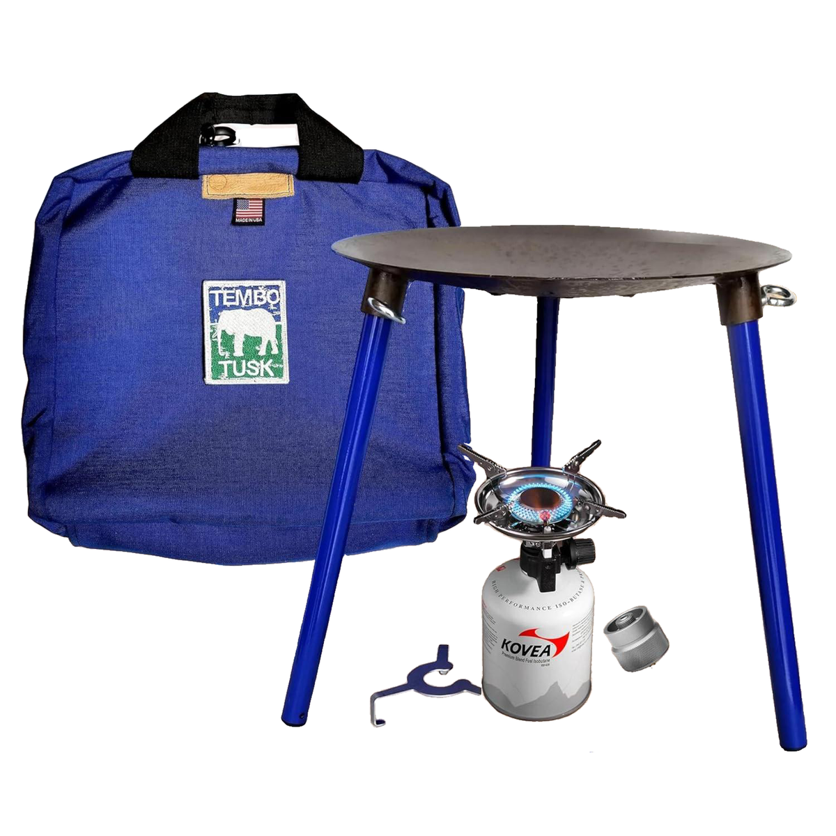 TemboTusk Adventure Skottle Grill Kit with blue carry bag, burner, assembly bracket and propane adapter.