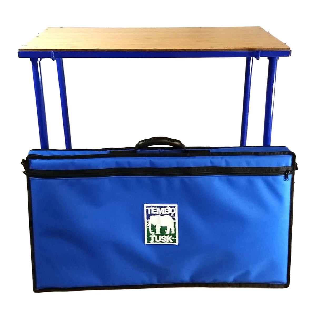 TemboTusk Camp Table Kit with bamboo tabletop, blue metal legs and carry bag.