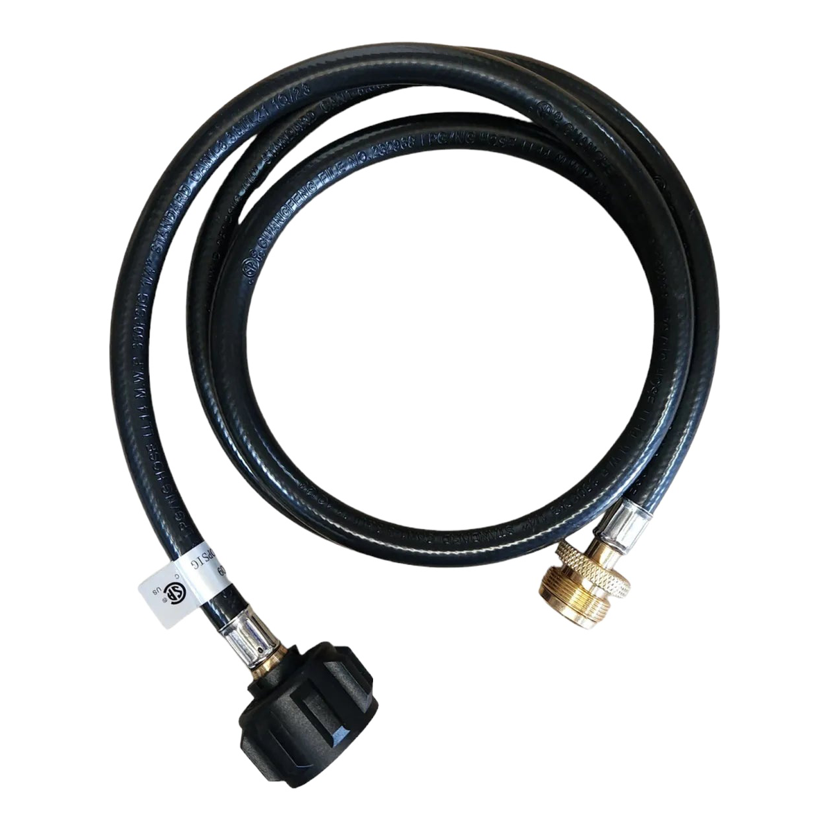 TemboTusk Skottle gas adapter hose, coiled with brass fitting and tank connector.